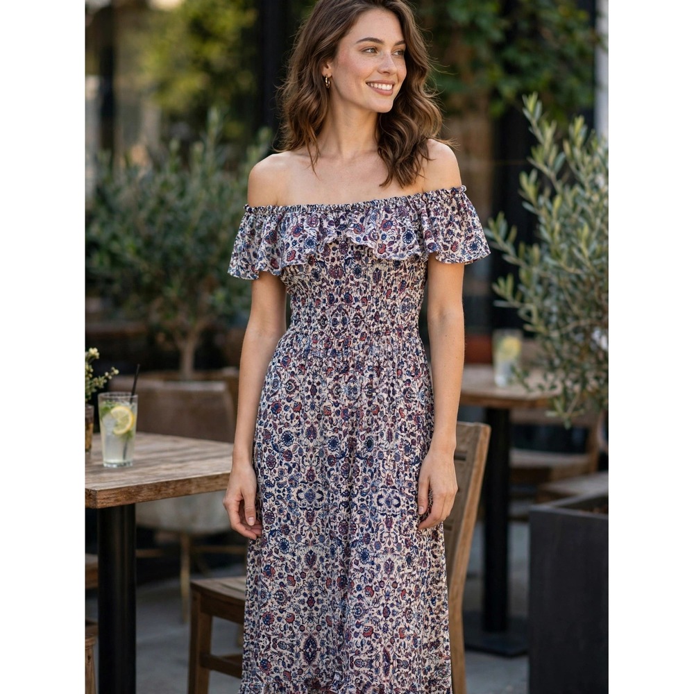 L'AGENCE Silk Off The Shoulder Paisley Floral Midi Dress Blue Red XS